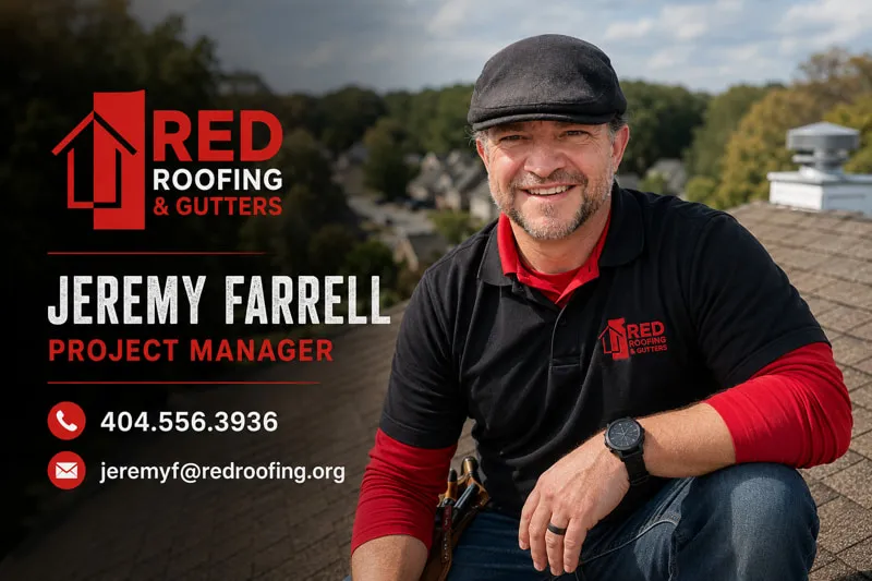Jeremy Farrell, Project Manager at Red Roofing & Gutters — direct line 404-556-3936, jeremyf@redroofing.org